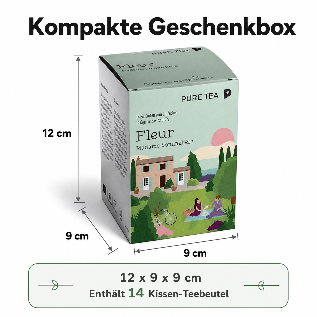 Pure Tea Bio Tee Geschenkset FLEUR Auswahlbox, Premium Tee Set als Probierbox mit Grüntee, Schwarztee, Kräutertee und Früchtetee, handgenähte Kissen-Teebeutel, einzeln verpackt, geschenkfähige Box