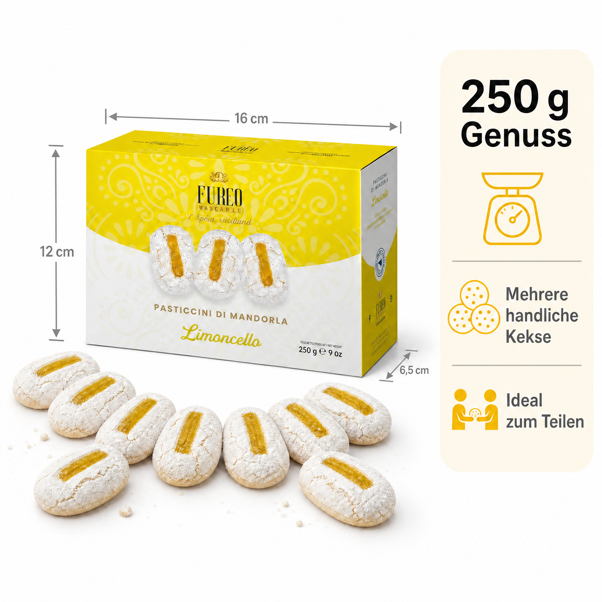 Furco Kekse Pasticcini di Mandorla Limoncello, italienische Mandelgebäck-Spezialität mit Zitrone und Puderzucker, weiches sizilianisches Gebäck in gelb‑weißer Geschenkbox, 250 g