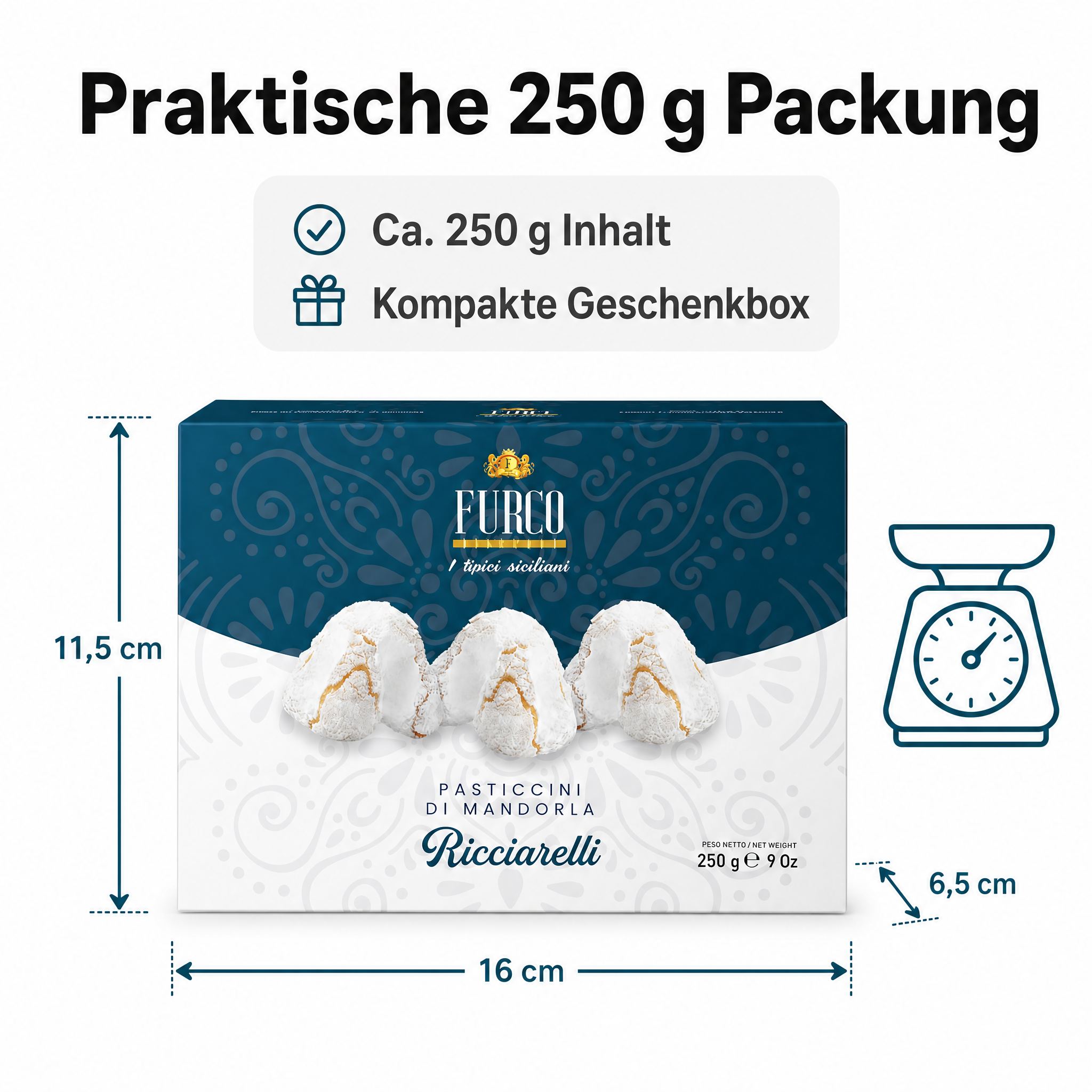 Furco Italienische Kekse Ricciarelli, Mandelgebäck mit Puderzucker, weiche zarte Textur, elegante Geschenkbox, italienisches Gebäck zu Kaffee & Tee, 250 g