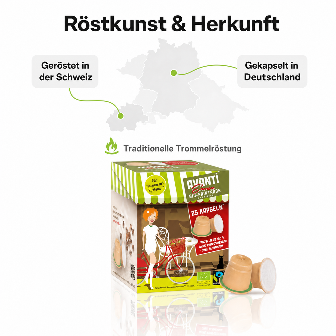 Avanti Kapseln Bio & Fairtrade Espresso EMMA, kompatibel mit Nespresso Kaffeekapseln, kompostierbar & ohne Aluminium, 80% Arabica/20% Robusta, mittel-dunkle Röstung, geröstet in der Schweiz