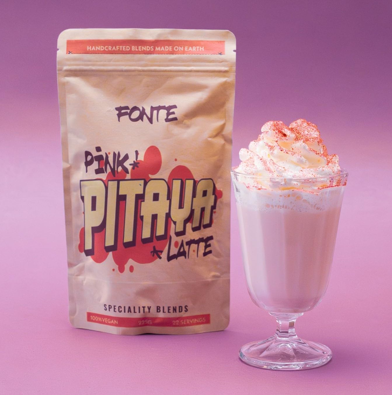 FONTE Pink Pitaya Latte, veganes Superfood Getränkepulver, natürliche Drachenfrucht, 225g, 22 Portionen, für heiße und kalte Getränke, glutenfrei