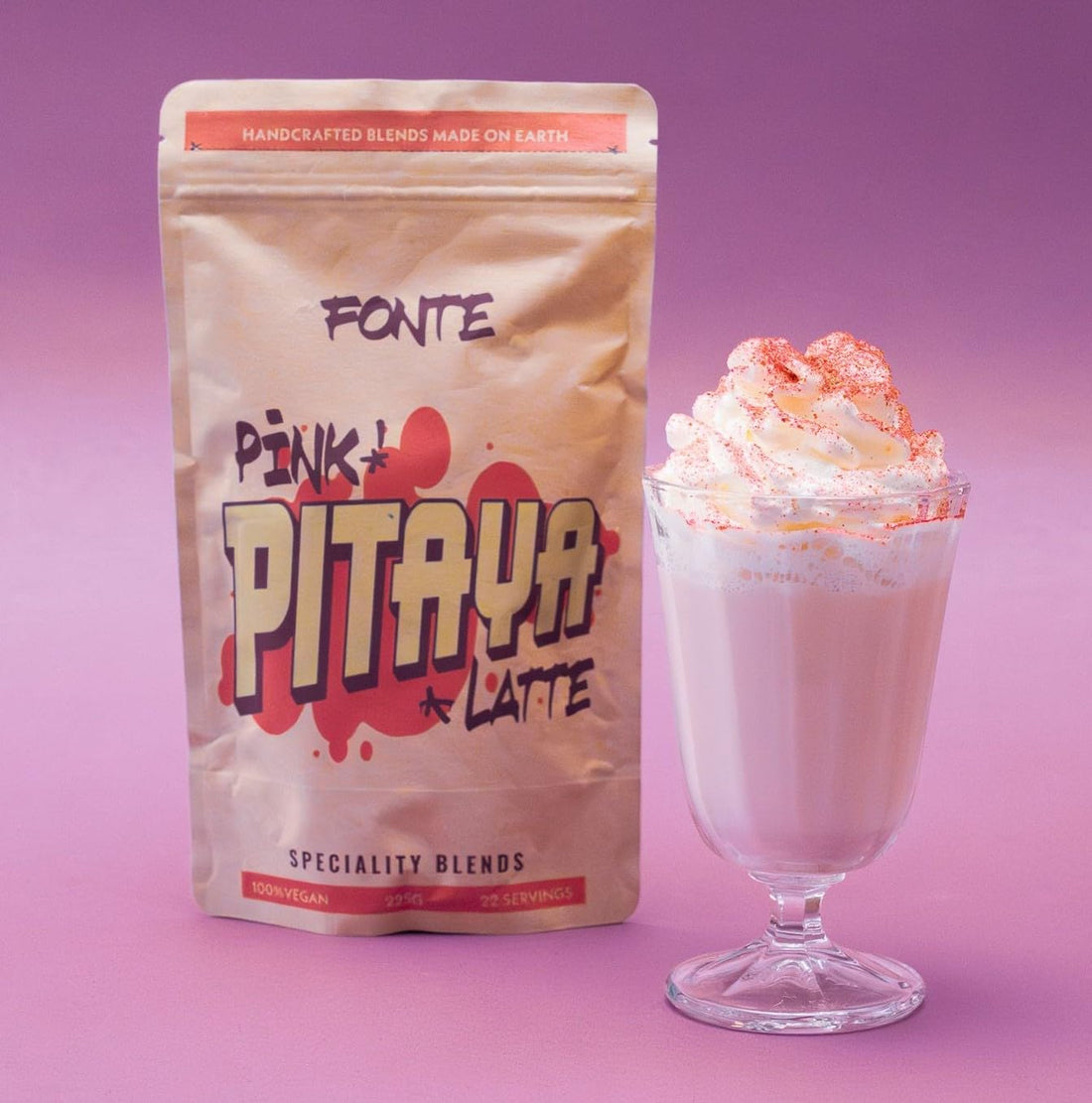 FONTE Pink Pitaya Latte, veganes Superfood Getränkepulver, natürliche Drachenfrucht, 225g, 22 Portionen, für heiße und kalte Getränke, glutenfrei