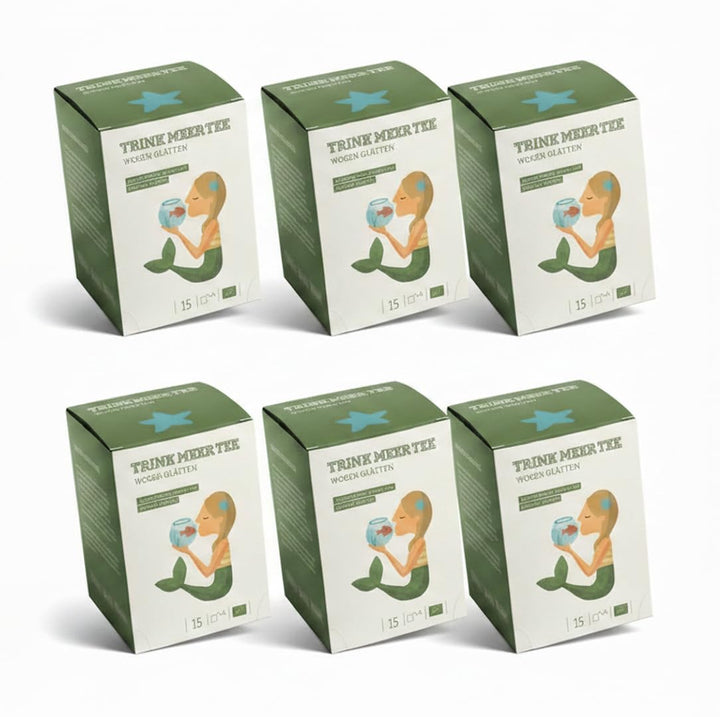 6 x Trink Meer Tee Wogen Glätten, Premium Grüner Sencha, Mango Pfirsich | Handgenähte Kissenbeutel mit aromatisiertem Sencha – ein entspannender Genussmoment als Tee-Geschenkset mit maritimem Design