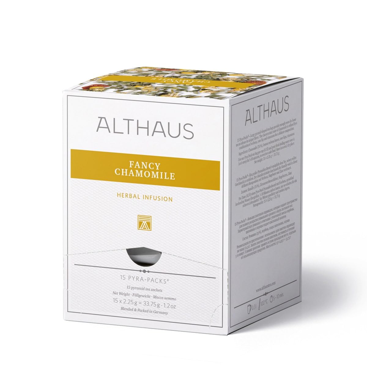 Althaus Fancy Chamomile Kräutertee, 15 Pyramidenbeutel, 33,75g, Kamille mit Verbena und Zimt