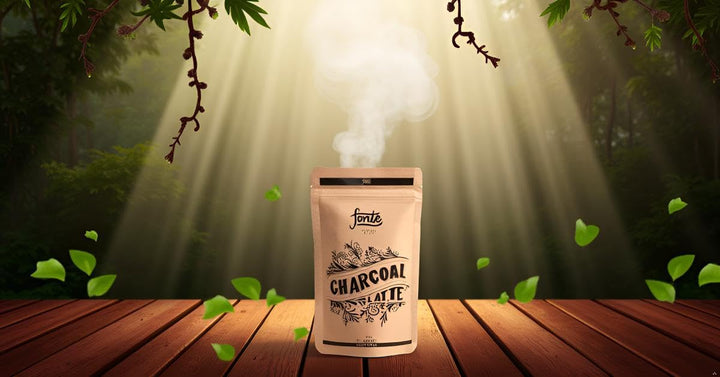 Fonte Handcrafted Charcoal Latte, Veganes Aktivkohle Getränkepulver, 300g für 30 Portionen, Mit Kokosblütenzucker und Ingwer, Für Warme und Kalte Zubereitung