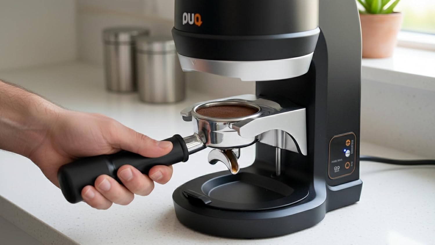 Avanti PUQ Press Q Elektrische Tamperstation Gen 6, Automatischer Espresso Tamper mit 5 Tampprofilen, 58mm Siebträger, Einstellbarer Pressdruck 5-30kg, Schwarz