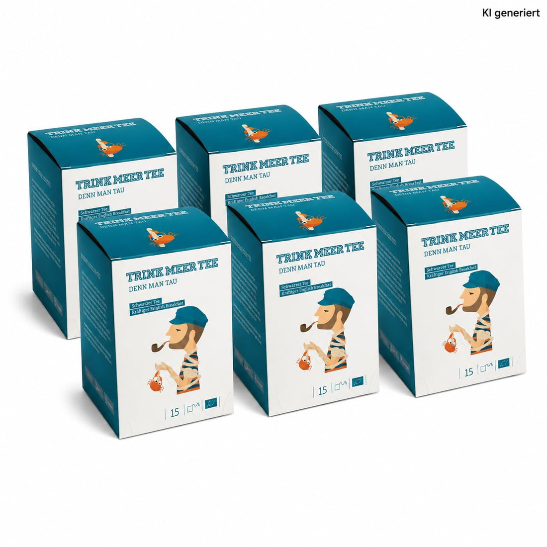 6 x Trink Meer Tee Denn Man Tau, Schwarzer Tee English Breakfast, 90 Teebeutel, Kräftiger Schwarztee im handgenähten Kissenbeutel