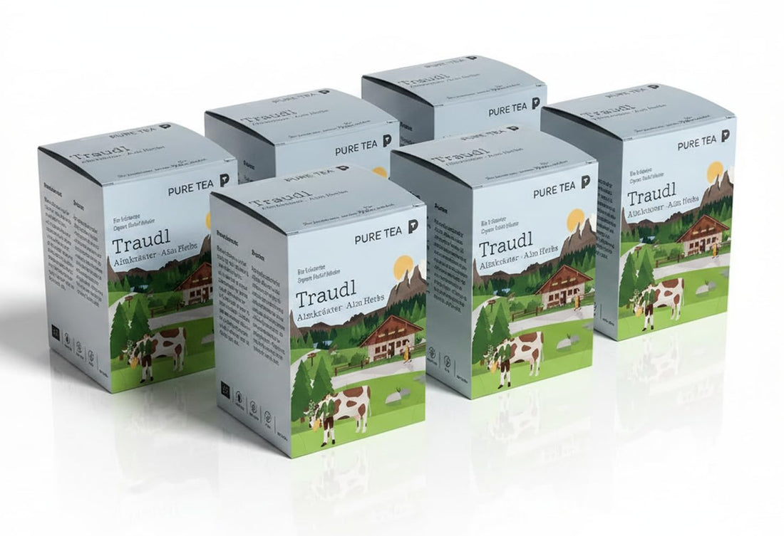 6 x PURE TEA Traudl Premium Kräutertee Almkräuter, koffeinfreier Alpenkräuter Tee als Kräutermischung mit Spitzwegerich, Apfelminze & Melisse, einzeln verpackte Kissenbeutel in Dispenserbox
