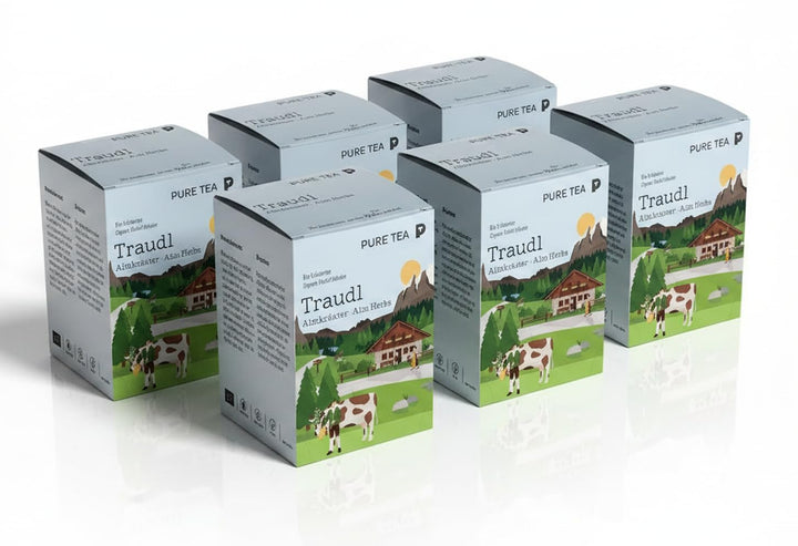 6 x PURE TEA Traudl Premium Kräutertee Almkräuter, koffeinfreier Alpenkräuter Tee als Kräutermischung mit Spitzwegerich, Apfelminze & Melisse, einzeln verpackte Kissenbeutel in Dispenserbox