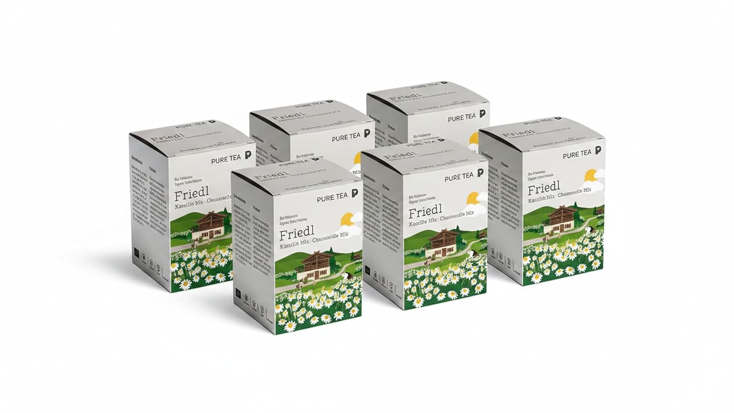 6 x PURE TEA Kamillentee Friedl Kamille Mix, Kräutertee mit 50% Kamillenblüten, Apfelstücken & Zitronenverbene, koffeinfrei und glutenfrei, Kissenbeutel in Dispenserbox