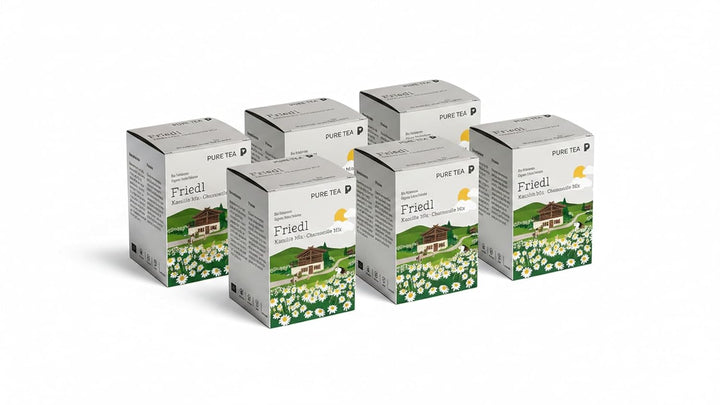 6 x PURE TEA Kamillentee Friedl Kamille Mix, Kräutertee mit 50% Kamillenblüten, Apfelstücken & Zitronenverbene, koffeinfrei und glutenfrei, Kissenbeutel in Dispenserbox
