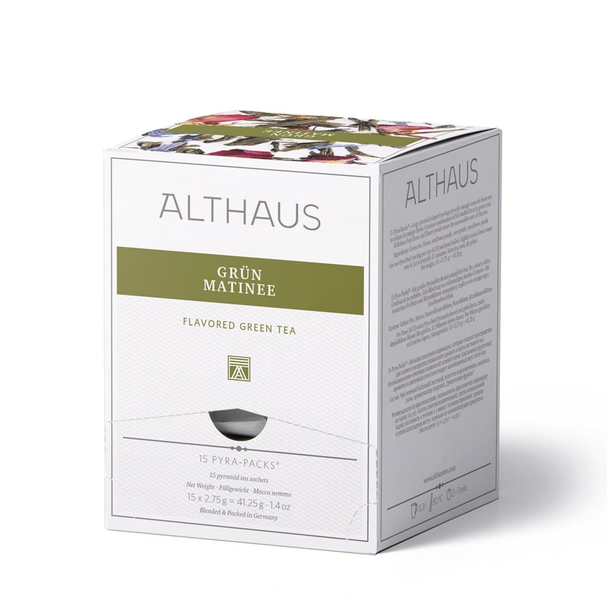 Althaus Grün Matinee, Aromatisierter Grüner Tee mit Blüten, 15 Pyramidenbeutel, 41,25g