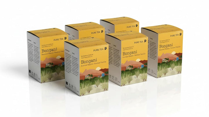 6 x PURE TEA Rooibos Tee Bongani Vanille, aromatisierter Rotbuschtee, 15 Kissenbeutel à 3 g (45 g), koffeinfrei, flache handgenähte Beutel, Dispenserbox 12 × 9 × 9 cm