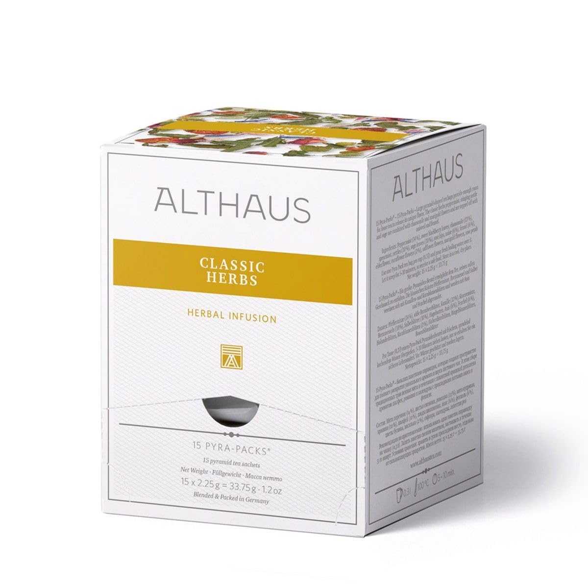 Althaus Classic Herbs Kräutertee, 15 Pyramidenbeutel, 33,75g, Pfefferminze-Kamille-Salbei Mischung