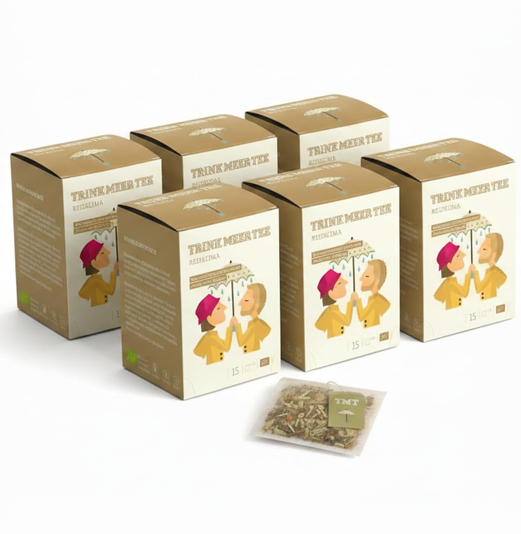 6 x TRINK MEER TEE REIZKLIMA Premium Kräutertee, mit Meersalz und Ingwer, vegan, glutenfrei, laktosefrei, handgenähte Kissenteebeutel, maritimes Design