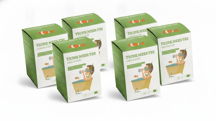 6 x Trink Meer Tee LAND IN SICHT - Premium Kräutertee Mandarine Vanille, 30 Kissenbeutel, Fruchtiger Premium Früchtetee mit Sanddorn, Fenchel & Melisse – handgenähte Kissenbeutel
