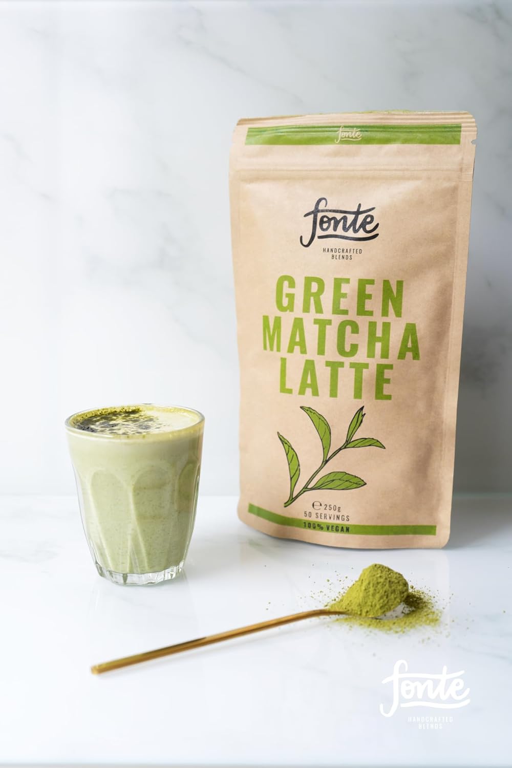Fonte Green Matcha Latte, Handcrafted Vegan Tee Pulver, 250g Beutel, 50 Portionen, 100% Natürlich