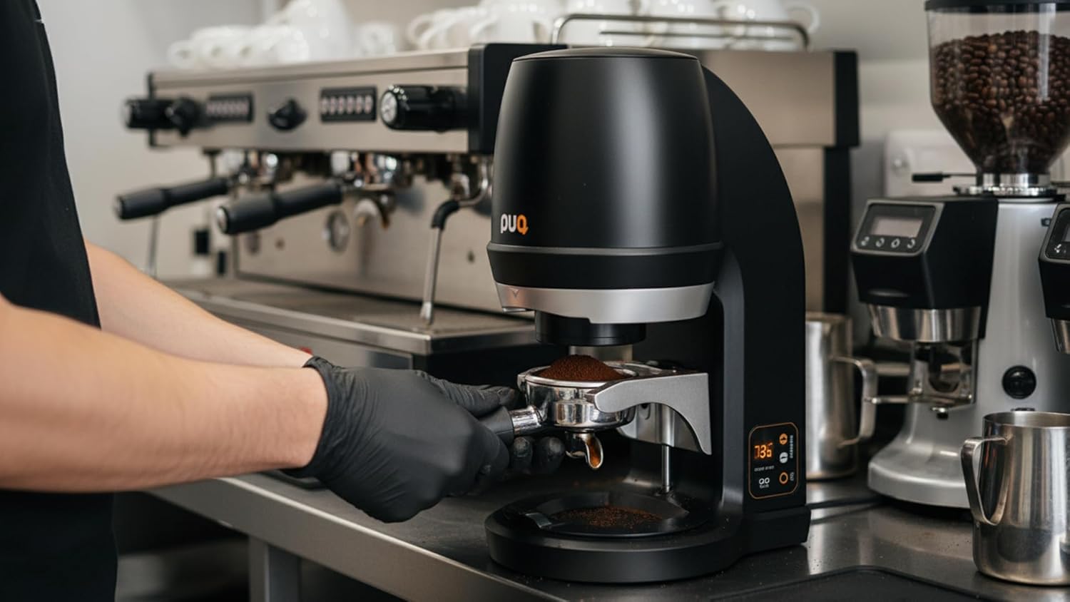 Avanti PUQ Press Q Elektrische Tamperstation Gen 6, Automatischer Espresso Tamper mit 5 Tampprofilen, 58mm Siebträger, Einstellbarer Pressdruck 5-30kg, Schwarz