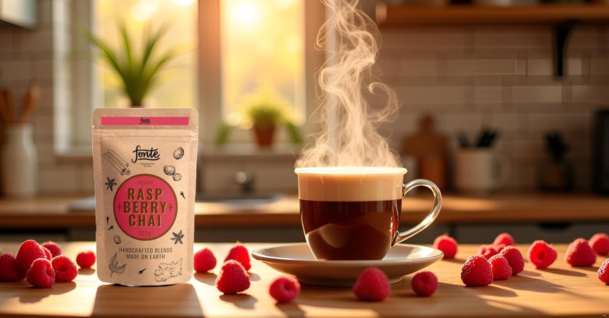 Fonte Vegan Raspberry Chai Latte Pulver, Handgemachte Gewürzmischung mit Schwarzem Tee und Himbeere, 250g Packung, Natürliche Zutaten