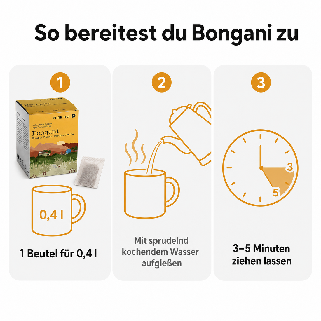 PURE TEA Rooibos Tee Bongani Vanille, aromatisierter Rotbuschtee, Bio, 15 Kissenbeutel à 3 g (45 g), koffeinfrei, flache handgenähte Beutel, Dispenserbox 12 × 9 × 9 cm