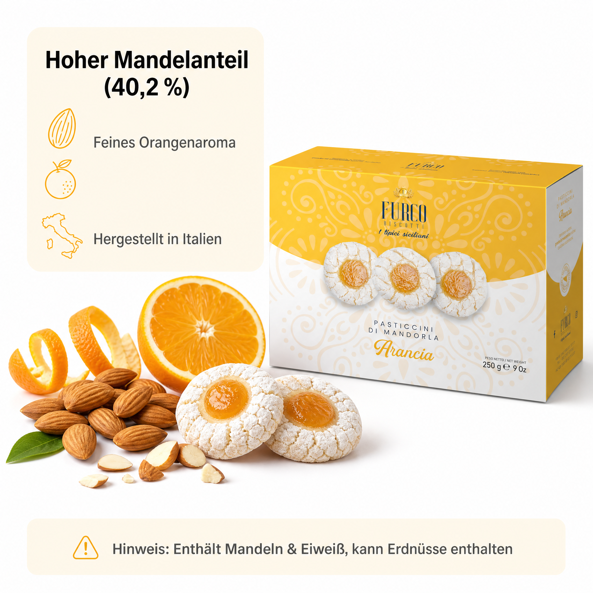 Furco Mandelgebäck Pasticcini di Mandorla Arancia, Italienische Kekse mit Orange, Sizilianisches Gebäck in Geschenkbox, Amarettini, Hergestellt in Italien, 250 g