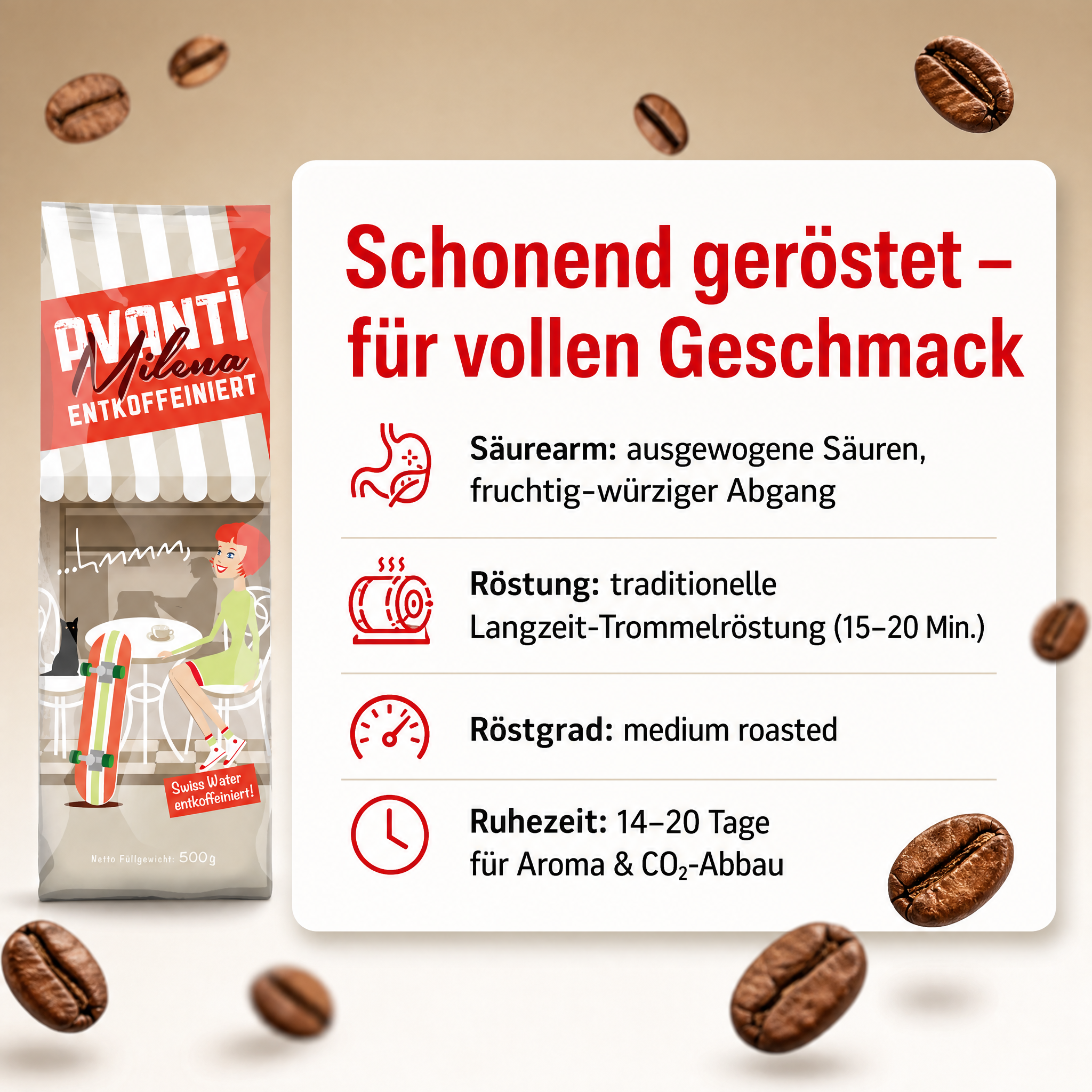 Avanti Kaffeebohnen Entkoffeiniert Milena Espresso, Swiss Water entkoffeiniert, 80% Arabica/20% Robusta, Medium Röstung, säurearm, ganze Bohne, 500 g, Langzeit-Trommelröstung
