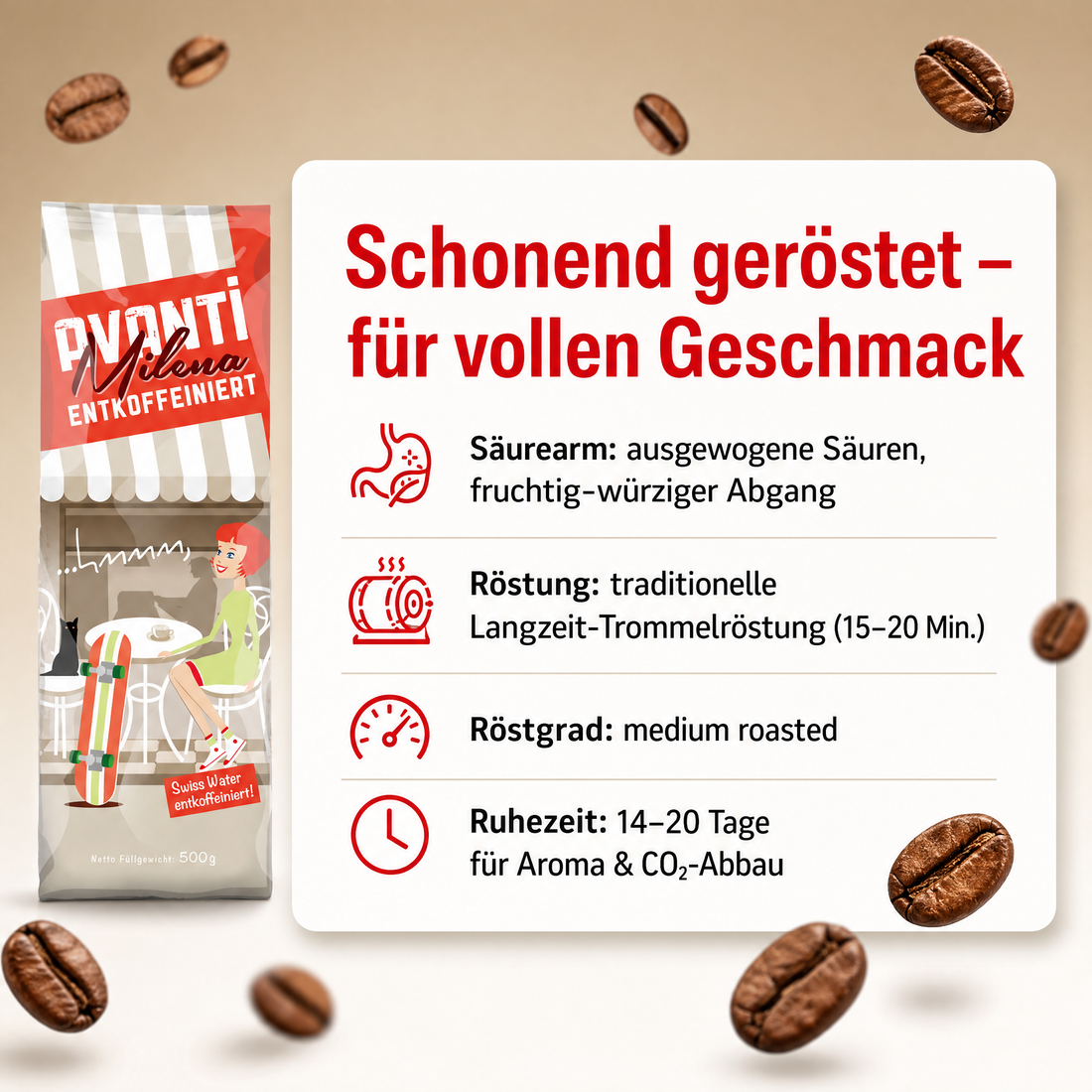 Avanti Kaffeebohnen Entkoffeiniert Milena Espresso, Swiss Water entkoffeiniert, 80% Arabica/20% Robusta, Medium Röstung, säurearm, ganze Bohne, 500 g, Langzeit-Trommelröstung