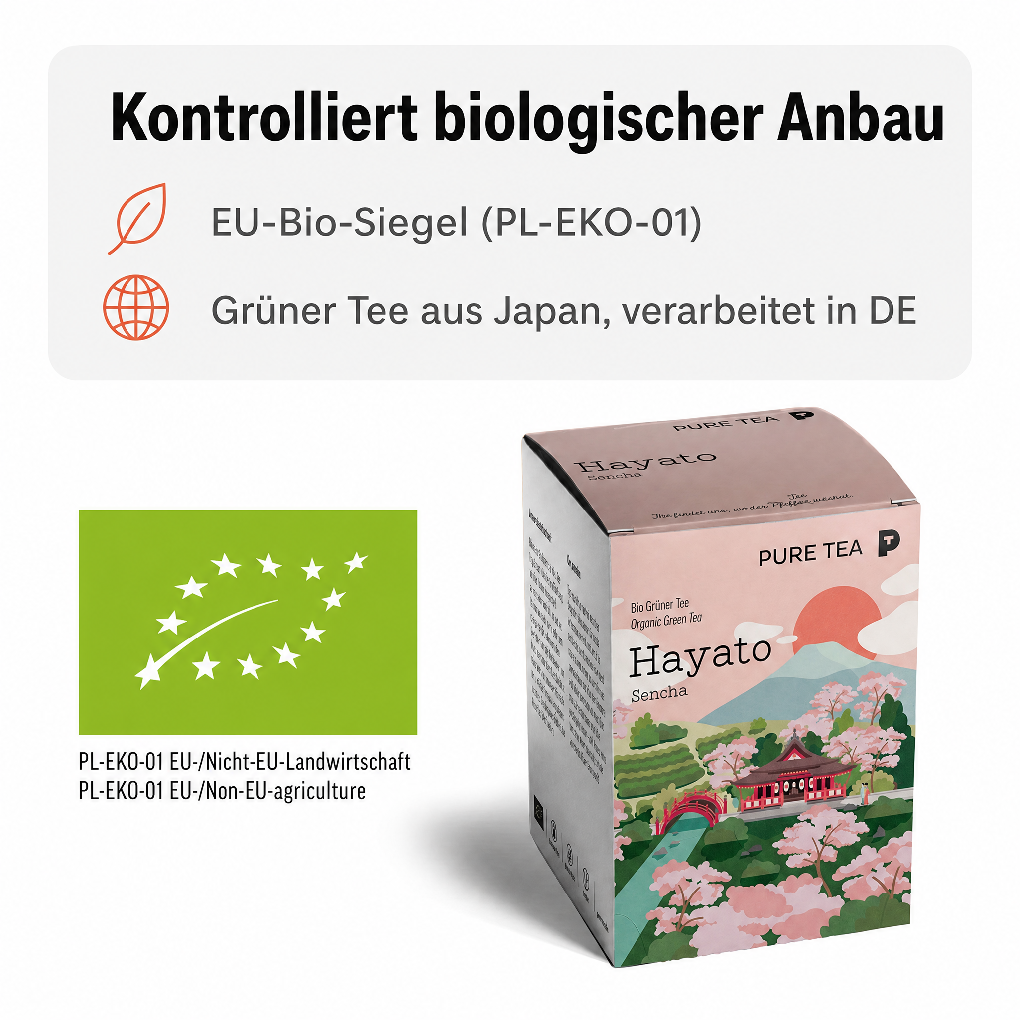 Pure Tea Grüner Tee Sencha Hayato, japanischer Bio Grüntee im Kissenbeutel, 15 Beutel à 3 g, Premiumqualität, Dispenserbox, frisch-duftiges Aroma