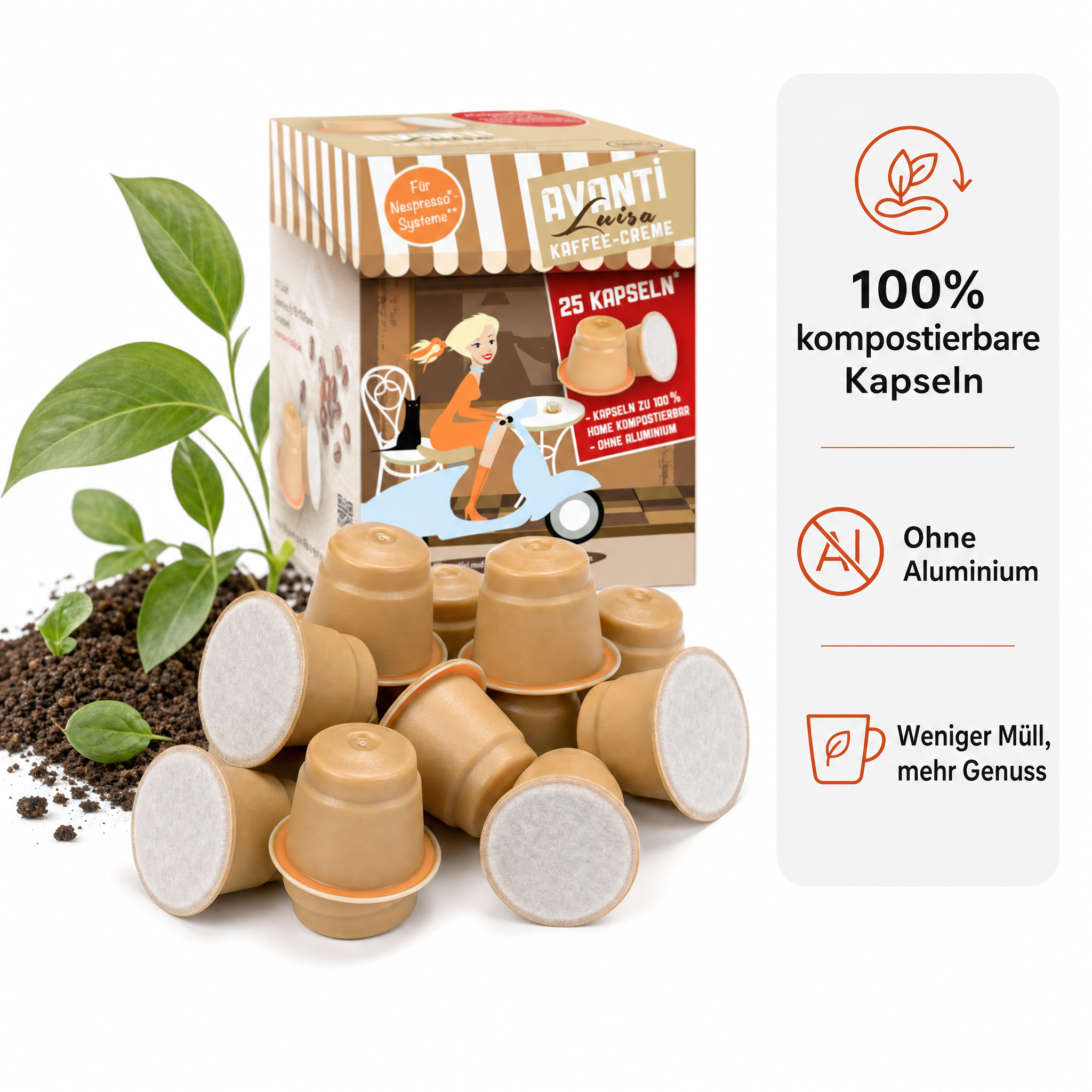 AVANTI Kapseln Luisa – kompatibel mit Nespresso Kaffeekapseln, 25 Stück, 90% Arabica 10% Robusta, säurearm und mild, ohne Aluminium, 100% home‑kompostierbar, 6 g pro Kapsel, dichte Crema