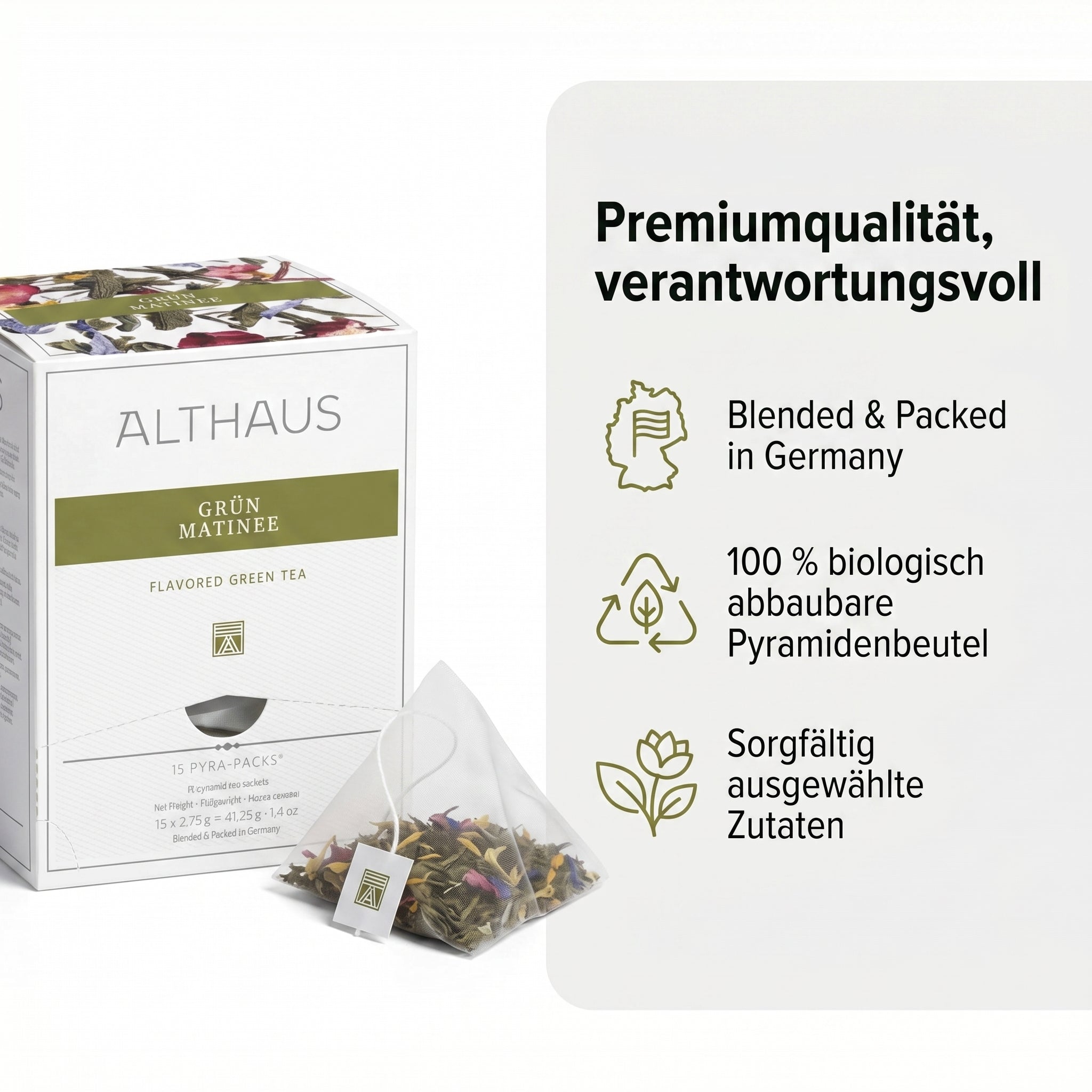 ALTHAUS Grüner Tee Grün Matinee, aromatisierter Sencha Tee mit Blüten, 15 Pyramiden-Teebeutel, einzeln verpackt, 41,25 g, 100 % biologisch abbaubare Beutel, in Deutschland gemischt & verpackt