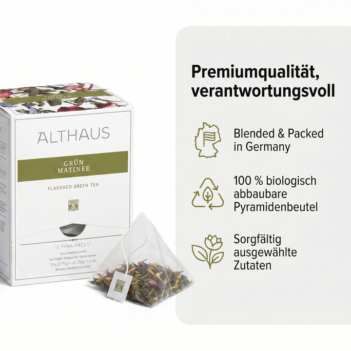 ALTHAUS Grüner Tee Grün Matinee, aromatisierter Sencha Tee mit Blüten, 15 Pyramiden-Teebeutel, einzeln verpackt, 41,25 g, 100 % biologisch abbaubare Beutel, in Deutschland gemischt & verpackt