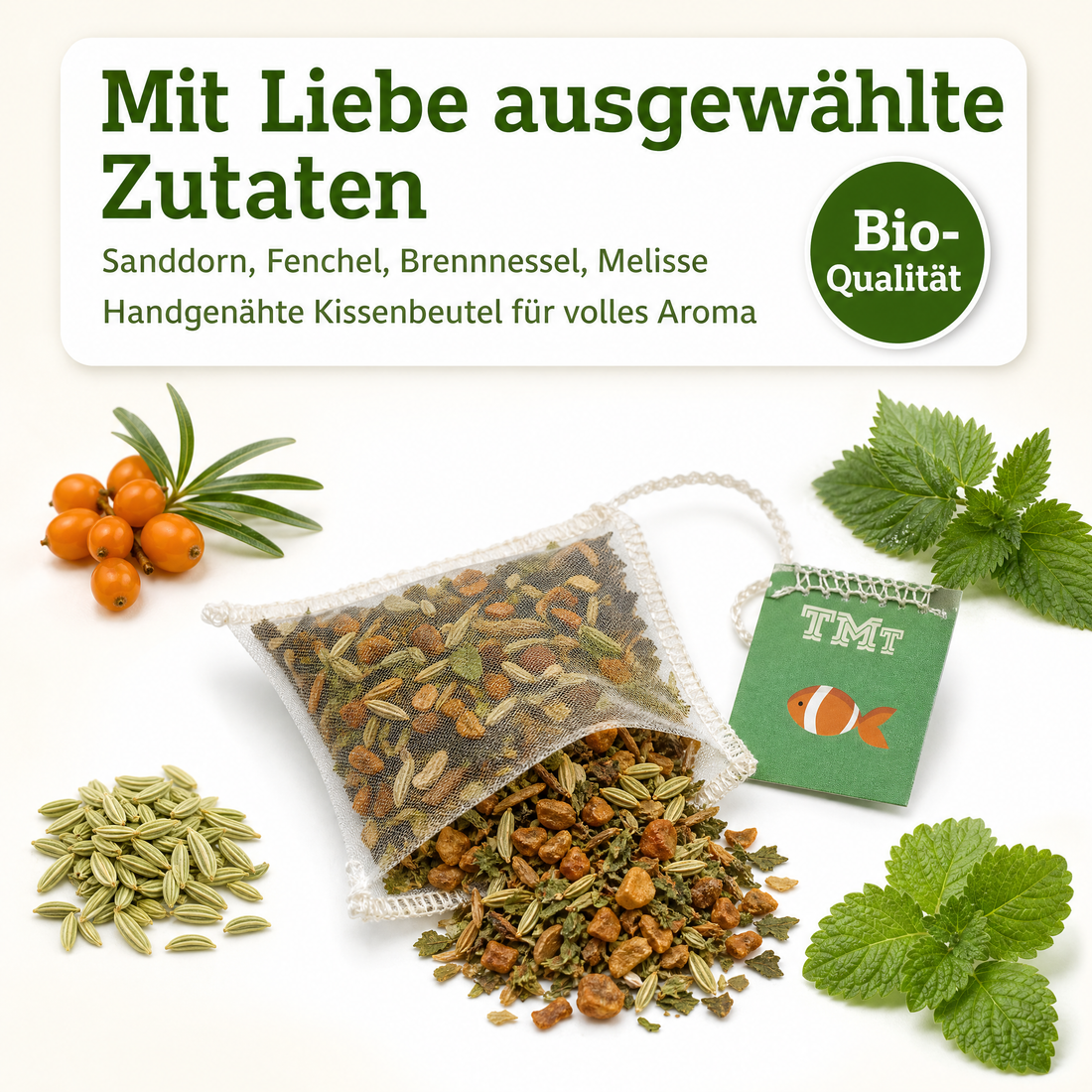 Trink Meer Tee Bio Kräutertee Mandarine Vanille, 15 Kissenbeutel, Fruchtiger Premium Früchtetee mit Sanddorn, Fenchel & Melisse – handgenähte Kissenbeutel