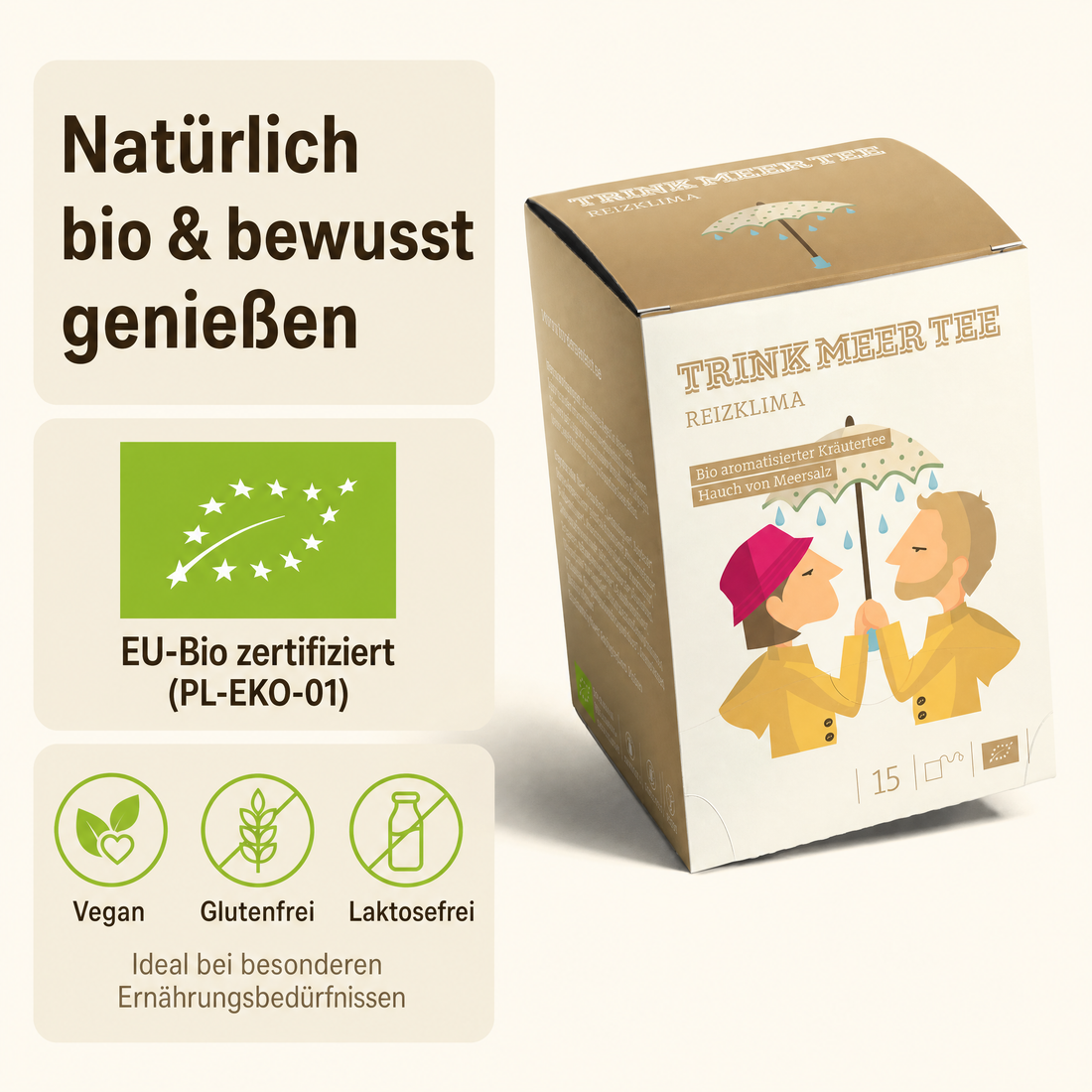 TTRINK MEER TEE REIZKLIMA Bio Kräutertee, mit Meersalz und Ingwer, vegan, glutenfrei, laktosefrei, handgenähte Kissenteebeutel, maritimes Design