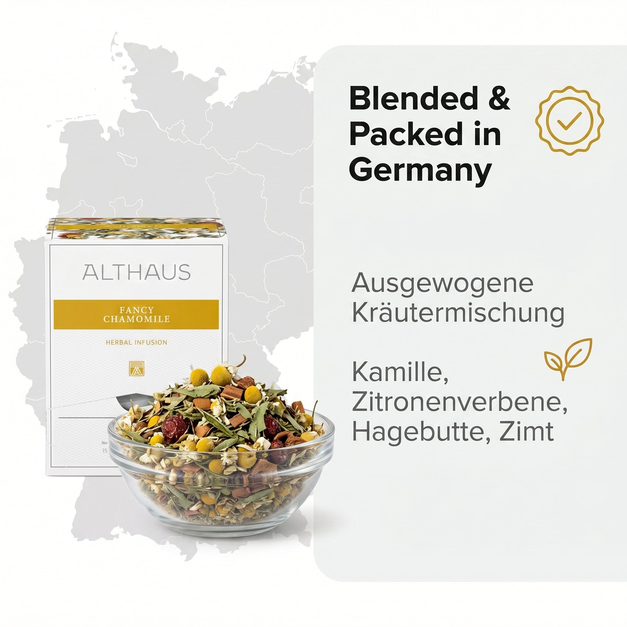 Althaus Kamillentee Fancy Chamomile, Kräutertee im Pyramidenbeutel mit Zitronenverbene, Hagebutte & Zimt, koffeinfrei, 100% abbaubare Beutel, in Deutschland gemischt & verpackt