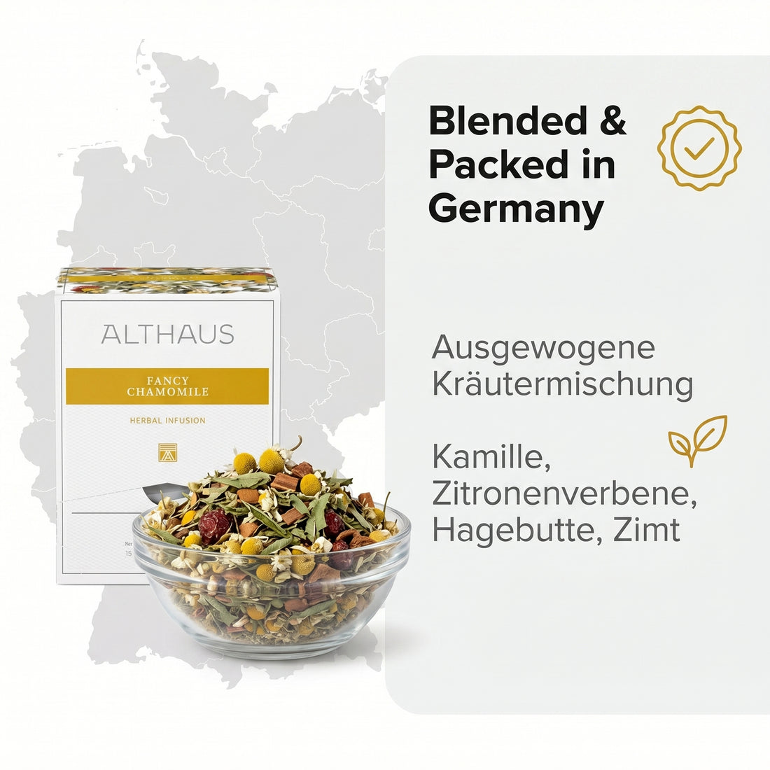 Althaus Kamillentee Fancy Chamomile, Kräutertee im Pyramidenbeutel mit Zitronenverbene, Hagebutte & Zimt, koffeinfrei, 100% abbaubare Beutel, in Deutschland gemischt & verpackt