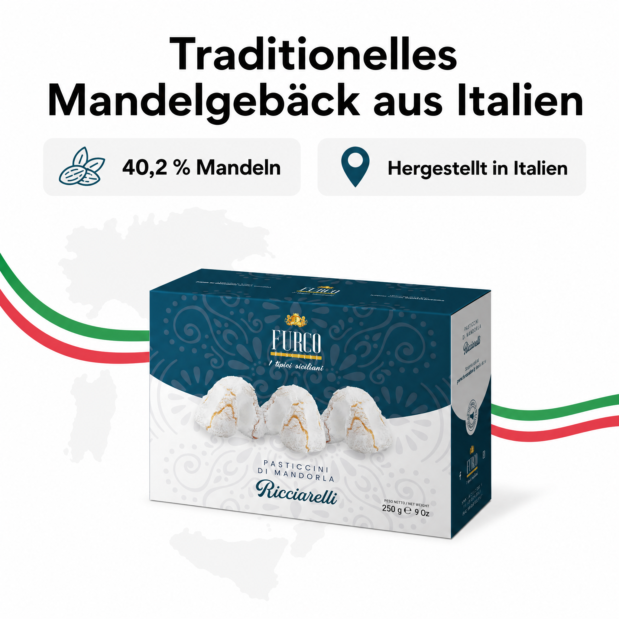 Furco Italienische Kekse Ricciarelli, Mandelgebäck mit Puderzucker, weiche zarte Textur, elegante Geschenkbox, italienisches Gebäck zu Kaffee & Tee, 250 g