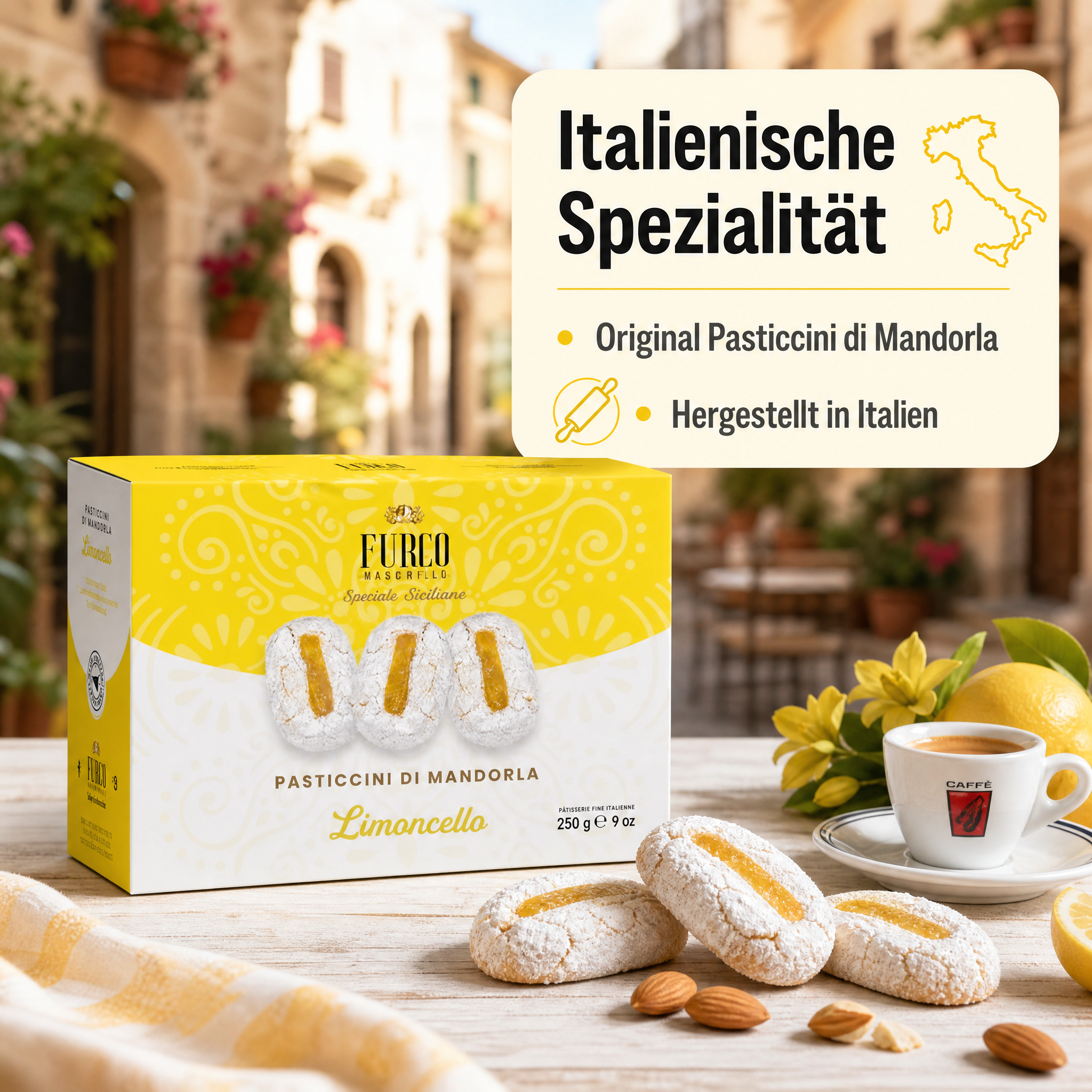Furco Kekse Pasticcini di Mandorla Limoncello, italienische Mandelgebäck-Spezialität mit Zitrone und Puderzucker, weiches sizilianisches Gebäck in gelb‑weißer Geschenkbox, 250 g