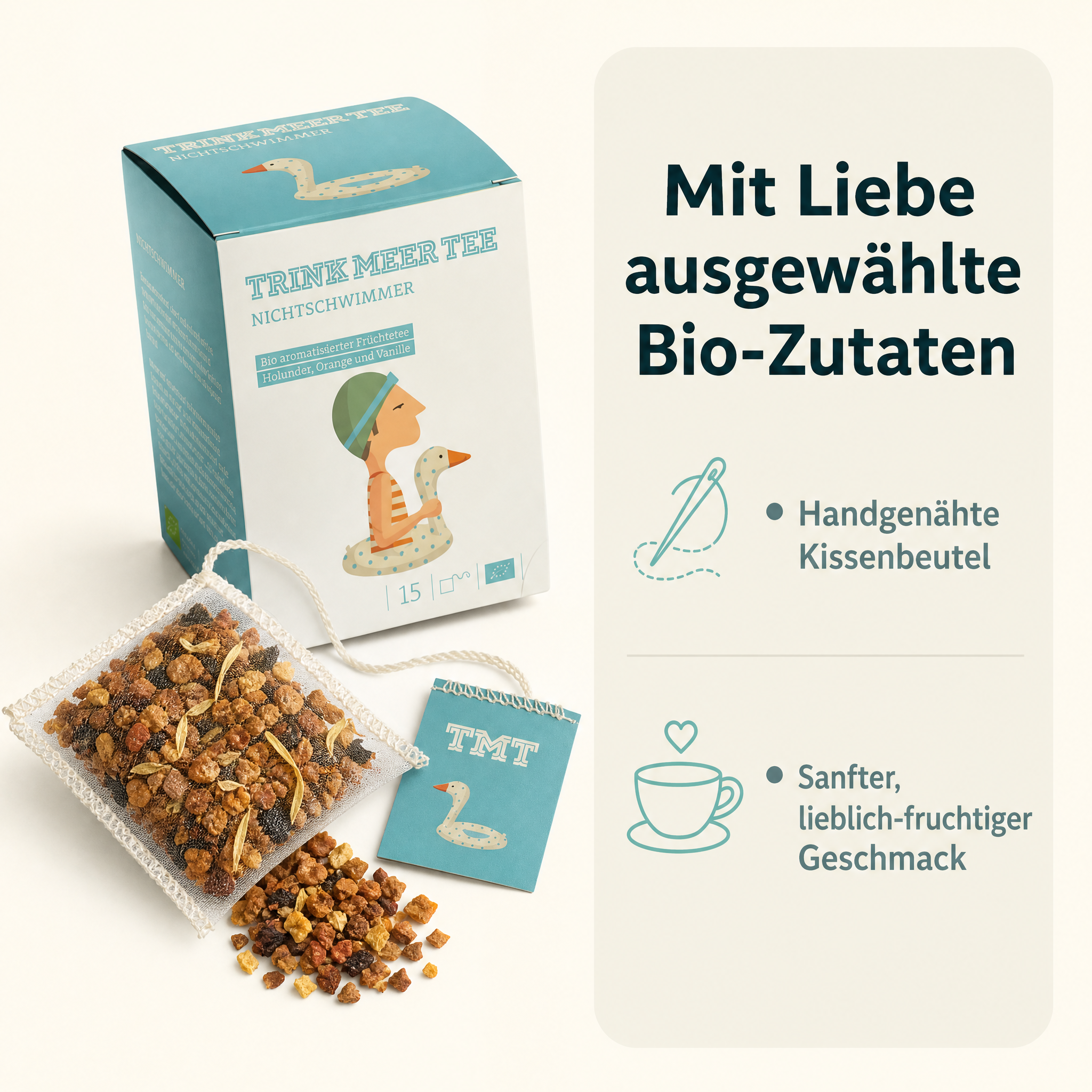 Trink Meer Tee Bio Früchtetee Nichtschwimmer, aromatisiert mit Holunder, Orange und Vanille, handgenähte Kissenbeutel, koffeinfrei, vegan und glutenfrei, zertifiziert, 15 Kissenteebeutel