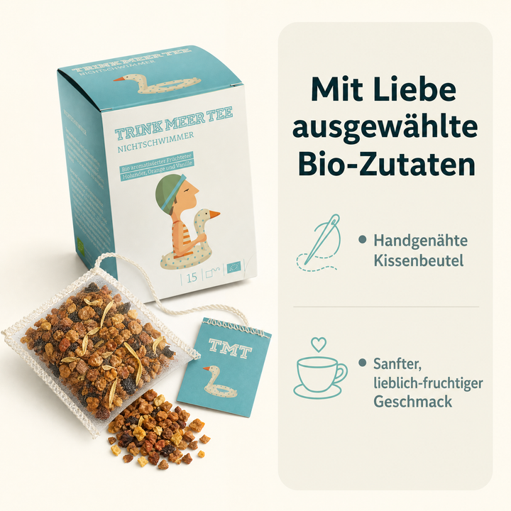 Trink Meer Tee Bio Früchtetee Nichtschwimmer, aromatisiert mit Holunder, Orange und Vanille, handgenähte Kissenbeutel, koffeinfrei, vegan und glutenfrei, zertifiziert, 15 Kissenteebeutel