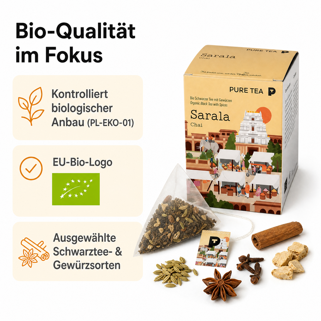Pure Tea Chai Tee Sarala Chai, Bio-Schwarztee als Gewürztee mit Zimt, Fenchel, Ingwer, Nelken & Anis, Pyramiden-Teebeutel, einzeln verpackt in Dispenserbox, 12 x 9 x 9 cm