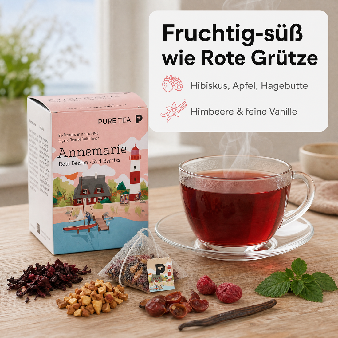 Pure Tea Früchtetee Bio Annemarie Beeren & Vanille, 15 Teebeutel à 3,5 g, aromatisierter Bio-Früchtetee, koffeinfrei & glutenfrei, EU‑Bio (PL‑EKO‑01), Dispenserbox