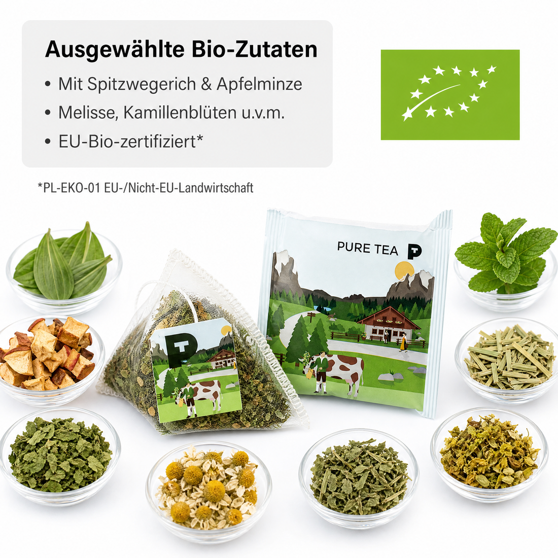PURE TEA Traudl Bio Kräutertee Almkräuter, koffeinfreier Alpenkräuter Tee als Kräutermischung mit Spitzwegerich, Apfelminze & Melisse, einzeln verpackte Kissenbeutel in Dispenserbox