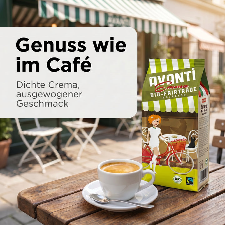 AVANTI Emma Kaffeebohnen, Bio Fairtrade Espresso, ganze Bohnen 500 g, 80% Arabica 20% Robusta, säurearme Langzeit-Trommelröstung (mitteldunkel), Schweizer Röstung und Abfüllung