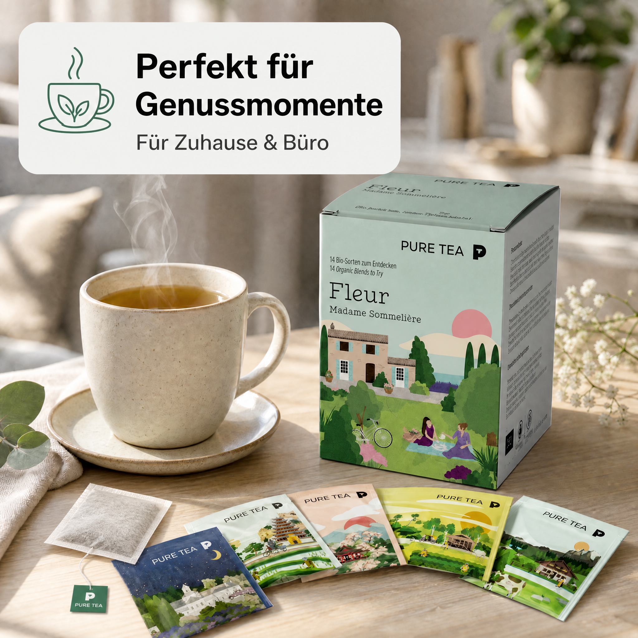 Pure Tea Bio Tee Geschenkset FLEUR Auswahlbox, Premium Tee Set als Probierbox mit Grüntee, Schwarztee, Kräutertee und Früchtetee, handgenähte Kissen-Teebeutel, einzeln verpackt, geschenkfähige Box