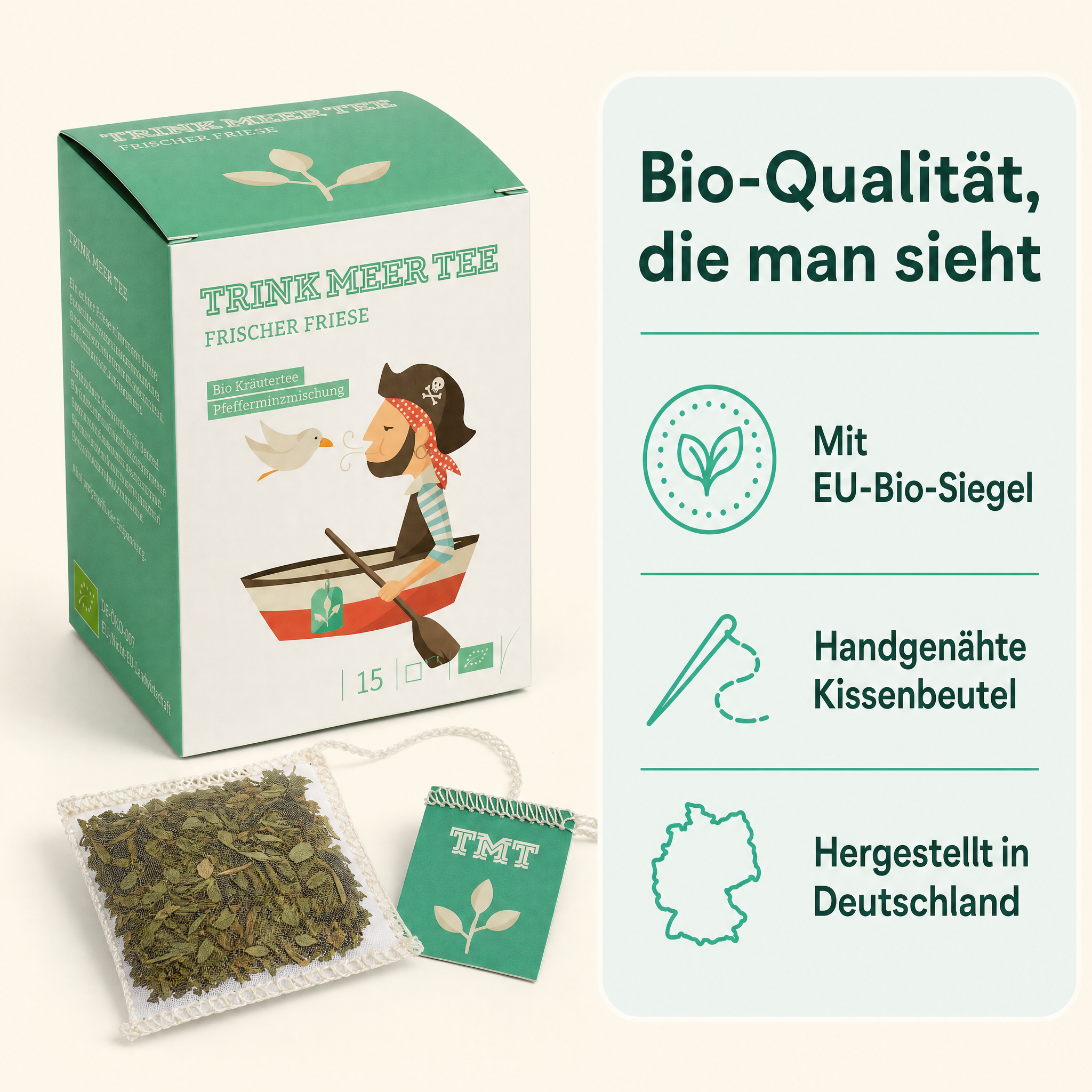 Trink Meer Tee Pfefferminztee Frischer Friese Bio Kräutertee in Teebeuteln, erfrischend und aromatisch, handgenähte Kissenbeutel aus Netzmaterial, maritimes Design, hergestellt in Deutschland - 15 x 1,5g Beutel