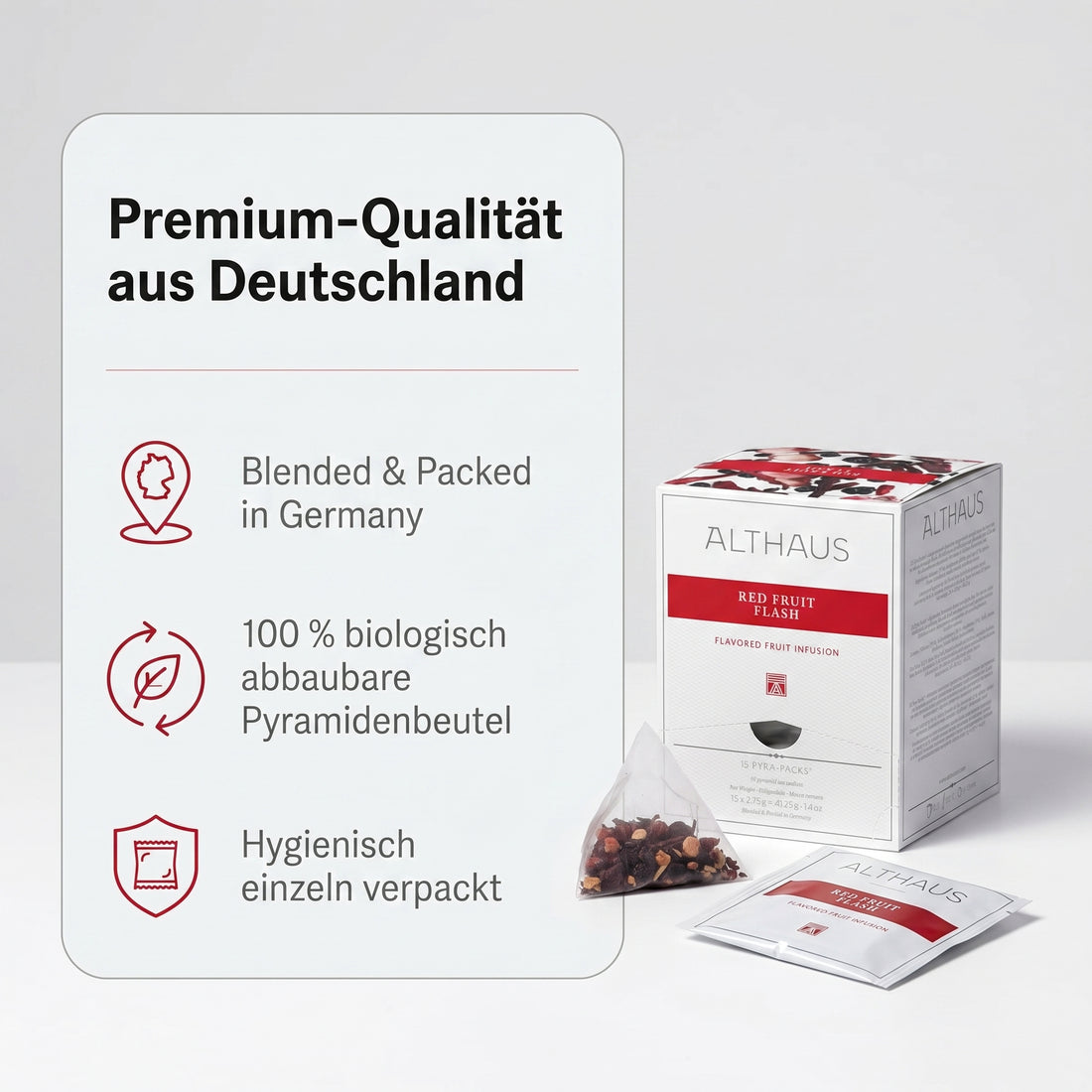 Althaus Früchtetee Red Fruit Flash, aromatisierte Fruchtinfusion in Pyramiden-Teebeuteln, einzeln verpackt, abbaubare Pyra-Packs, rote Tassenfarbe, Blended & Packed in Germany