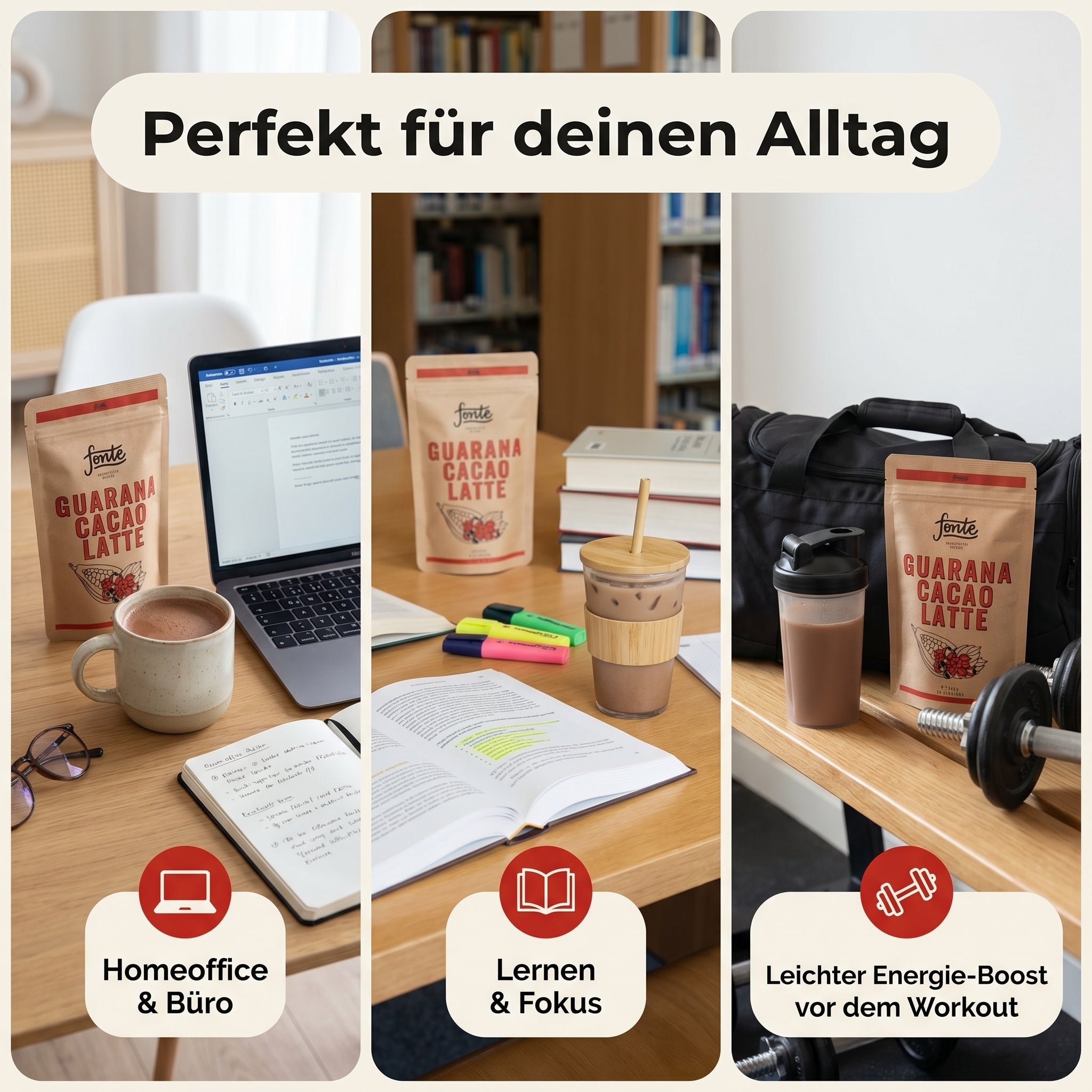 Fonte Guarana Cacao Latte, veganes Getränkepulver für schokoladigen Latte-Genuss, heiß & kalt anrührbar, 300 g = 15 Portionen, Guarana Kakao Latte, Kakao Latte Pulver, 100% vegan