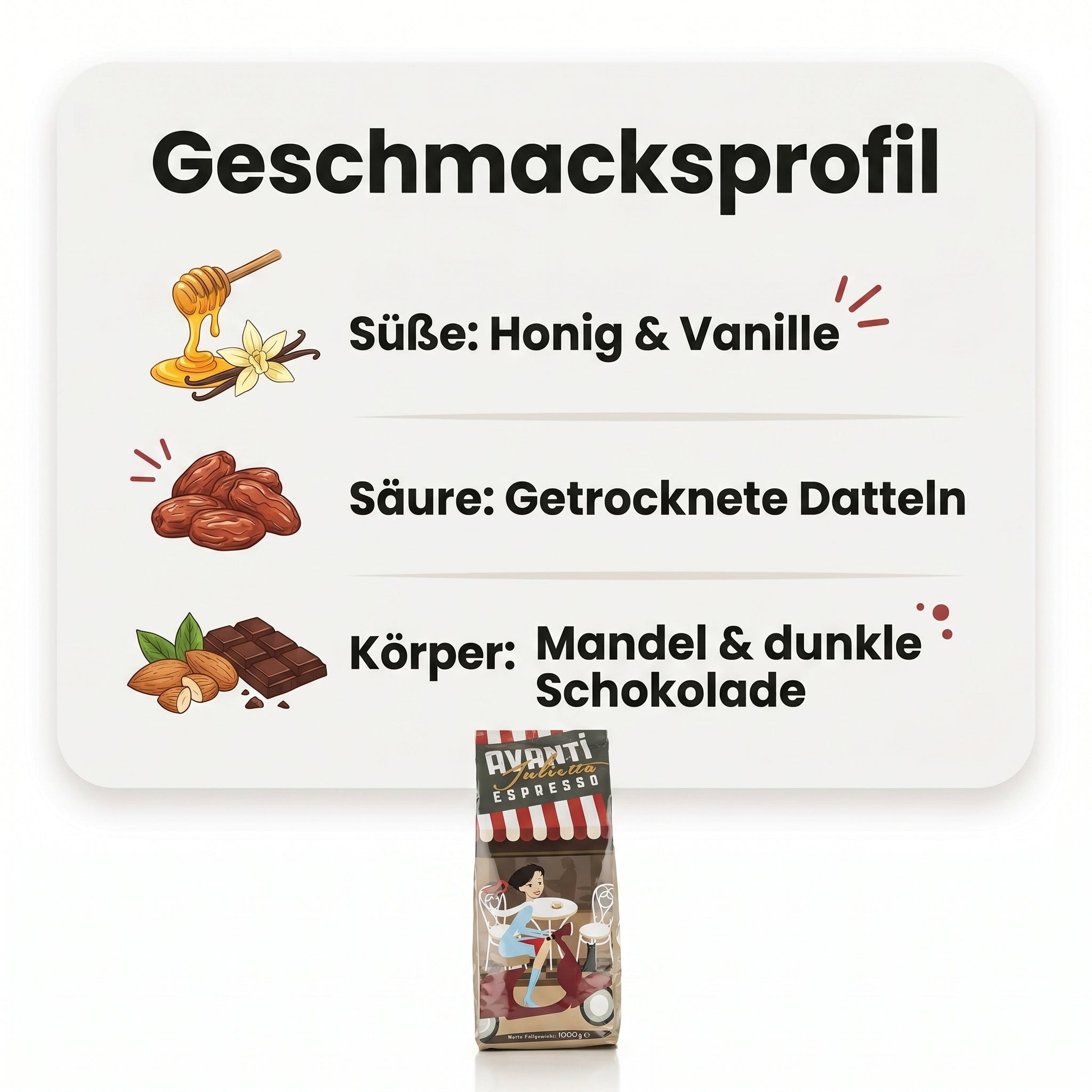 AVANTI Espresso Bohnen Julietta, Espressobohnen 1kg – säurearm, Medium Dark Roast, Trommelröstung, 70% Arabica 30% Robusta, geröstet in Italien, ganze Kaffeebohnen mit dichter Crema