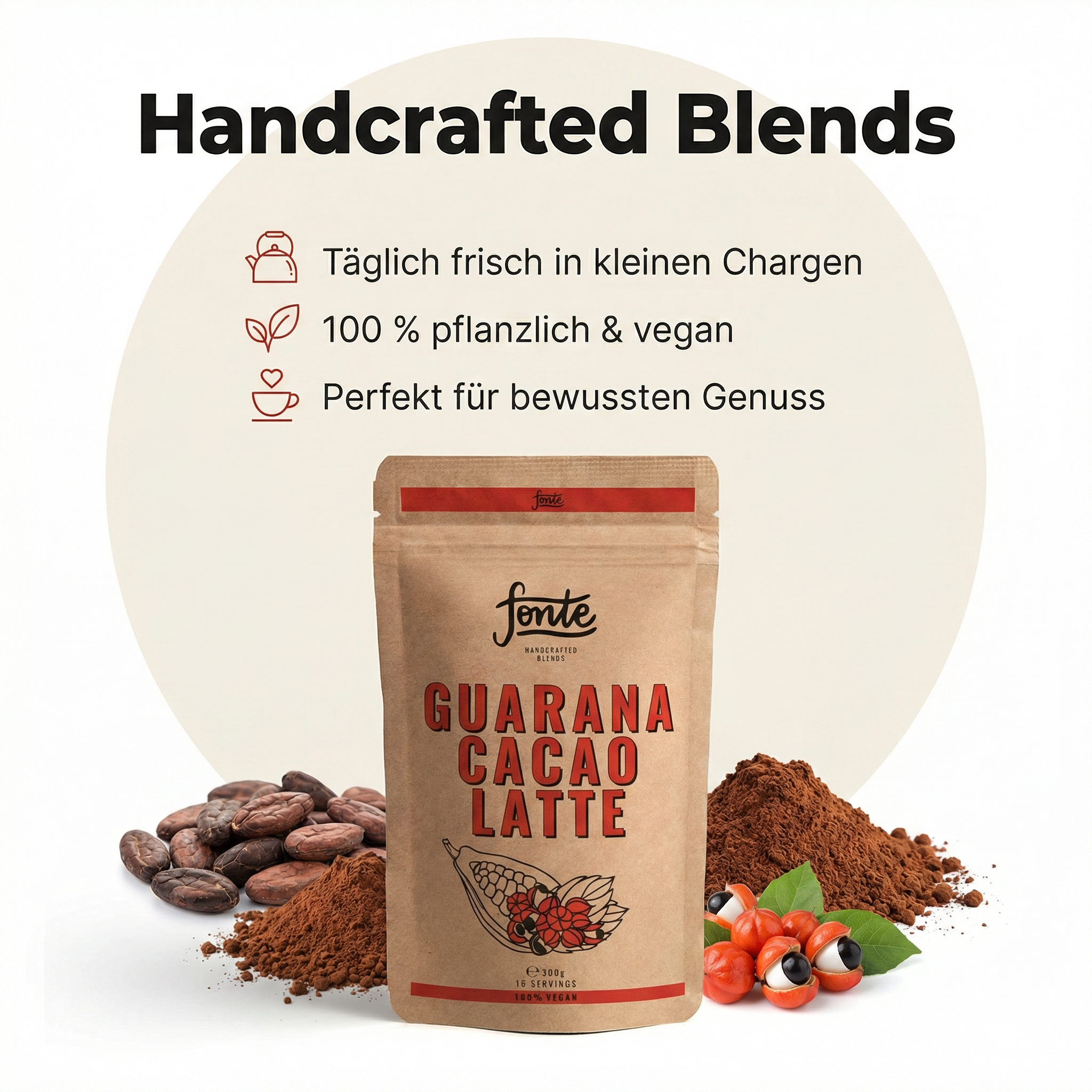 Fonte Guarana Cacao Latte, veganes Getränkepulver für schokoladigen Latte-Genuss, heiß & kalt anrührbar, 300 g = 15 Portionen, Guarana Kakao Latte, Kakao Latte Pulver, 100% vegan