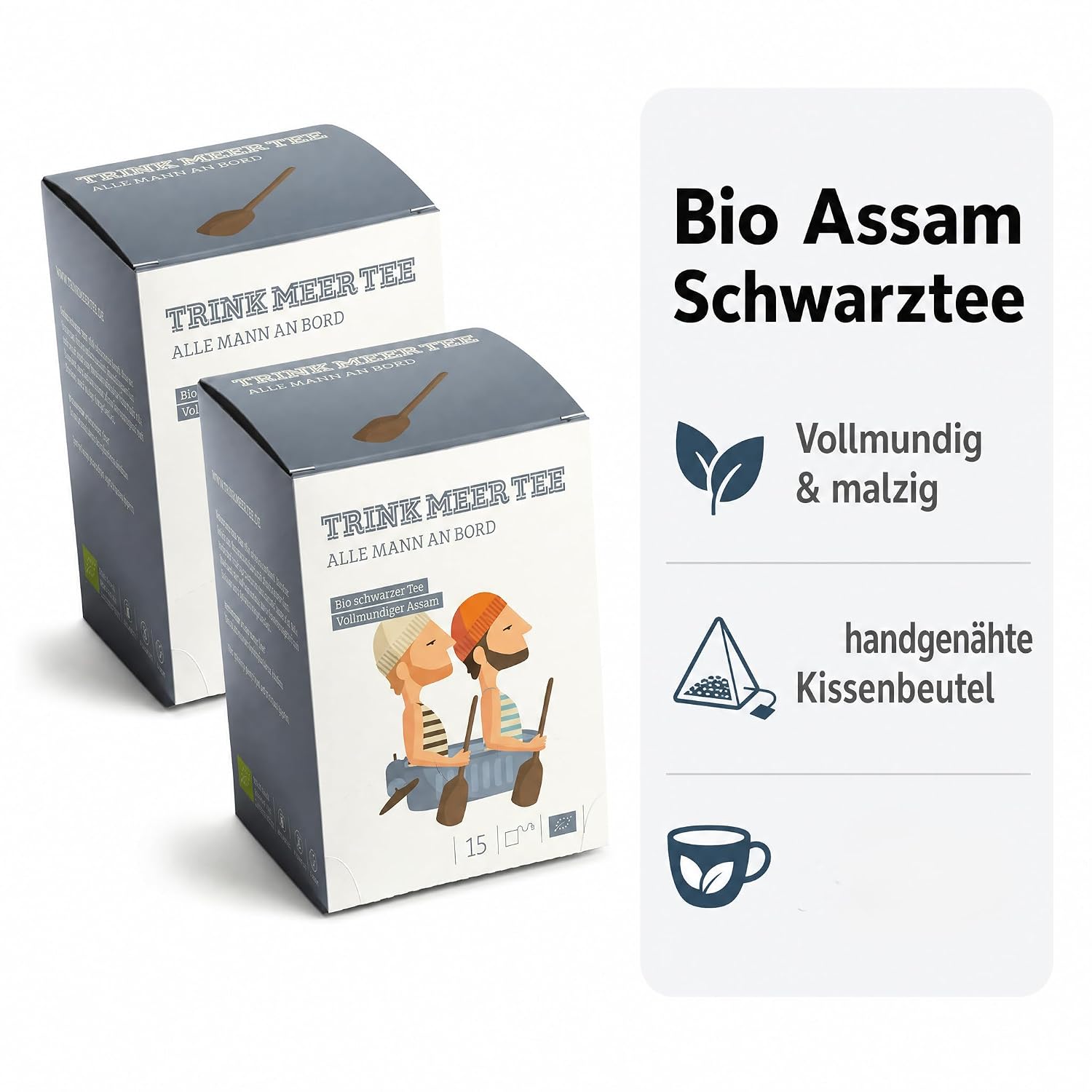 6 x Trink Meer Tee Premium Schwarzer Tee, Alle Mann an Bord, Assam Tee hocharomatisch malzig-feinwürzig, 6er Pack mit 90 handgenähten Kissenbeuteln à 3 g, 270 g, maritimes Geschenk